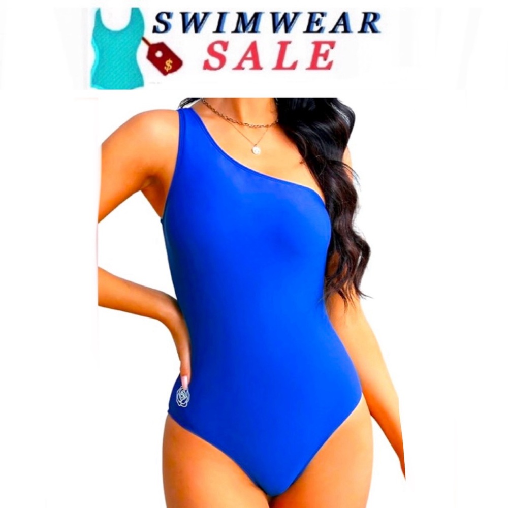 ONE SHOULDER One Piece royal blue asymmetrical Women's Swimsuit size L NWT